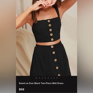 Lulu’s two-piece black midi dress. Woven dress with wooden buttons